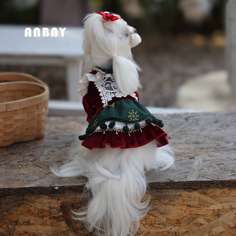 PawsCube - Pet Clothing Autumn Velvet Anti-Hair Loss Puppy Small Dog Skirt Puppy Dog Christmas Dress